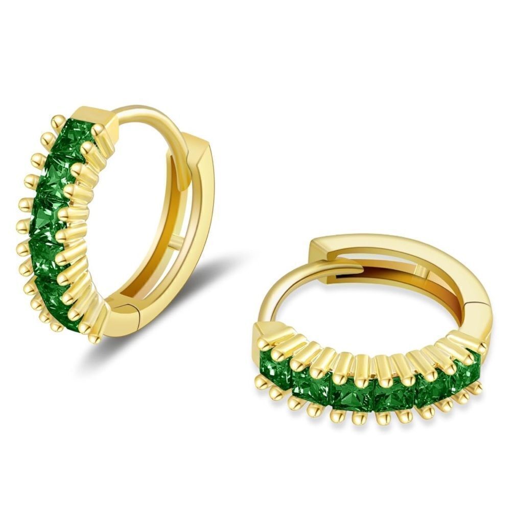 14K Yellow Gold with Emerald Green Cubic Zirconia Princess Cut Huggie Earrings